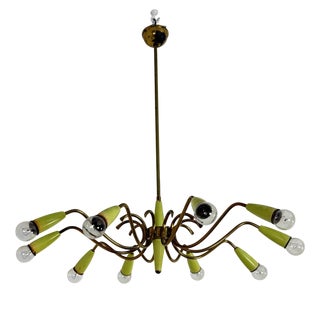 Brass 10-Light Chandelier with Green Cones in the style of Stilnovo, 1950s For Sale