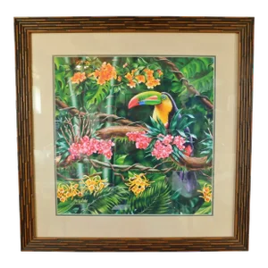 Large Tropical Toucan Bird on Tree Floral Limited Edition Print Bamboo Frame