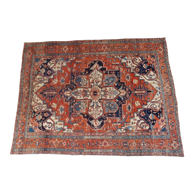 1880's Antique Serapi Rust Navy Blue and Ivory For Sale