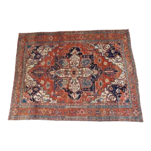 1880's Antique Serapi Rust Navy Blue and Ivory