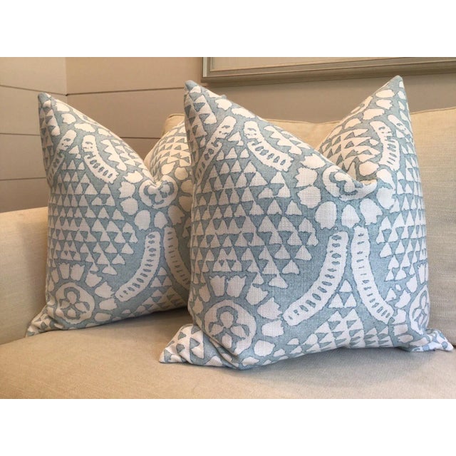 Contemporary Contemporary Thibaut Down-Filled “Chamomile” in Spa Blue Pillows - a Pair For Sale - Image 3 of 3