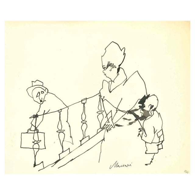Mino Maccari, The Departure, Ink Drawing, 1960s For Sale