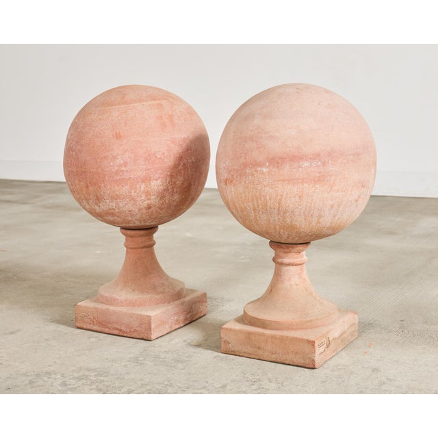 Neoclassical Pair of Tuscan Terracotta Garden Sphere Finials on Pedestals For Sale - Image 3 of 18