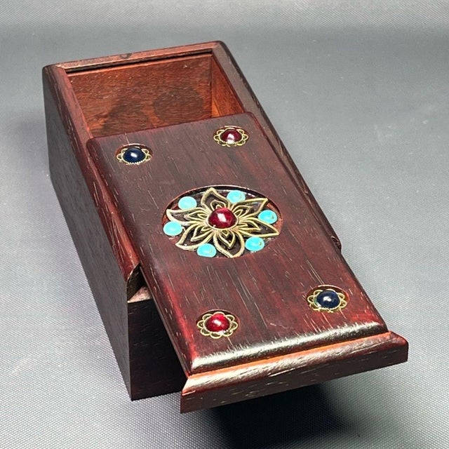 Brown Rosewood Box With Turquoise & Gem Inlay - Chinese Jewelry Storage Chest For Sale - Image 8 of 9