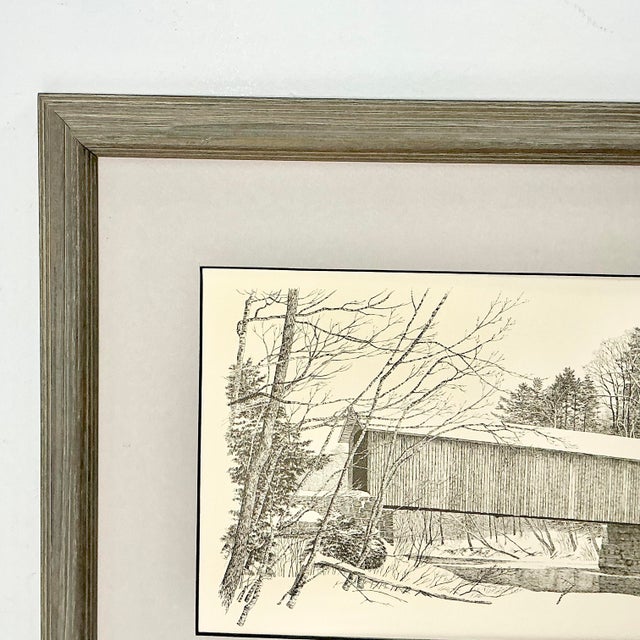 Drawing/Sketching Materials Mid-Century Americana Rustic Lithograph From Pencil Drawing, Covered Bridge Framed. For Sale - Image 7 of 13