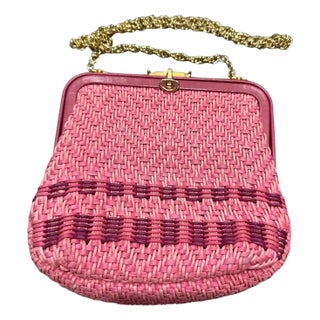1950s Pink Woven Fabric and Brass Italian Minaudière Bag For Sale