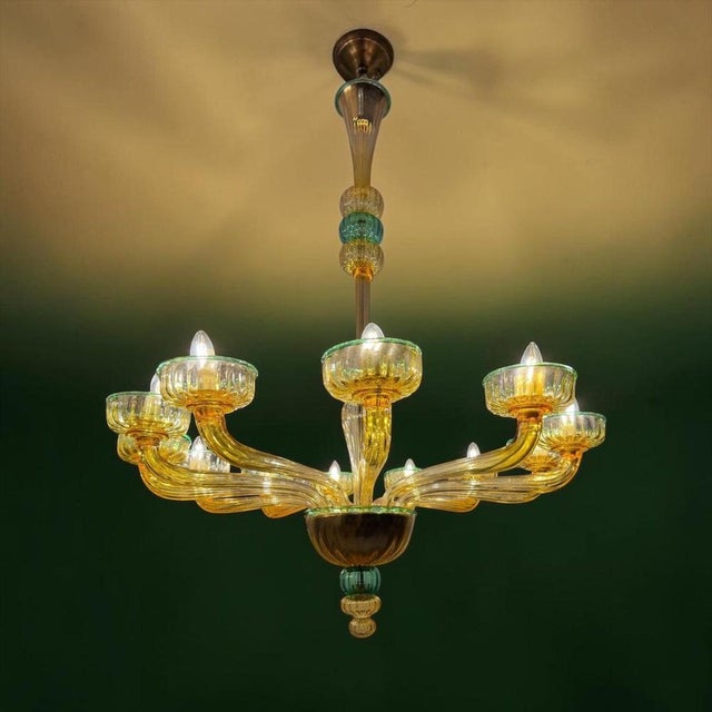 Amber and Emerald Chandelier with Twelve Arms in Hand Blown Glass, 1970s, Set of 2 For Sale - Image 9 of 14