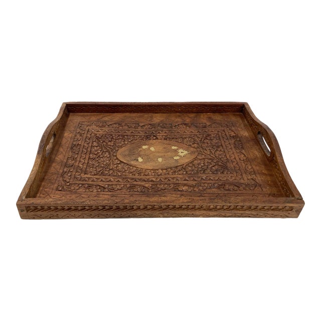 Vintage Indian Hand-Carved Shesham Wood Tray For Sale