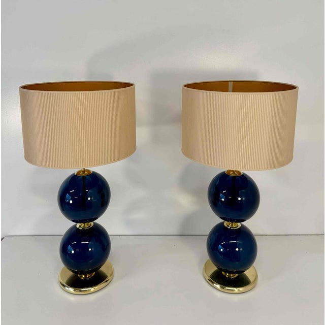 Murano Glass Lamps with Blue Spheres and Ivory Lampshades, Set of 2 For Sale - Image 3 of 9