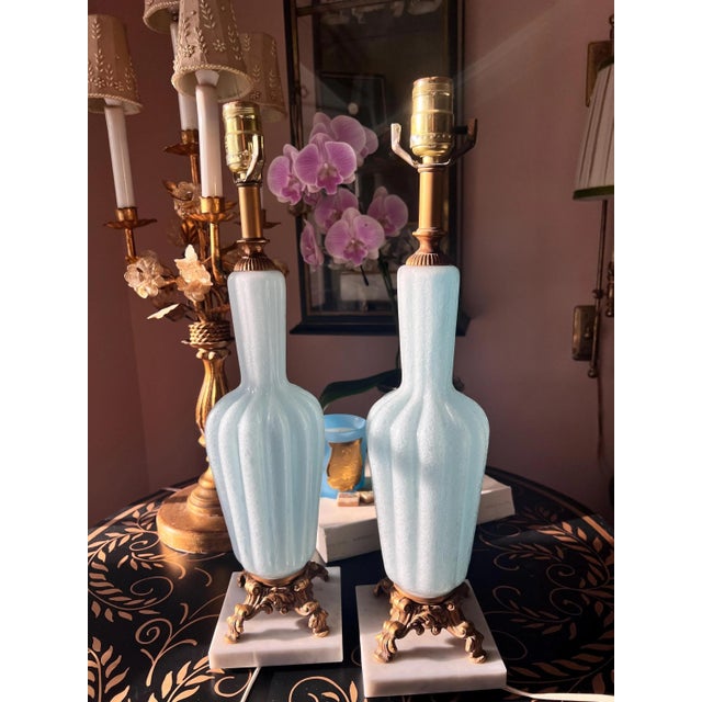 Traditional Mid 20th Century Pale blue Murano glass table lamps with gold metal and marble bases - a Pair For Sale - Image 3 of 13
