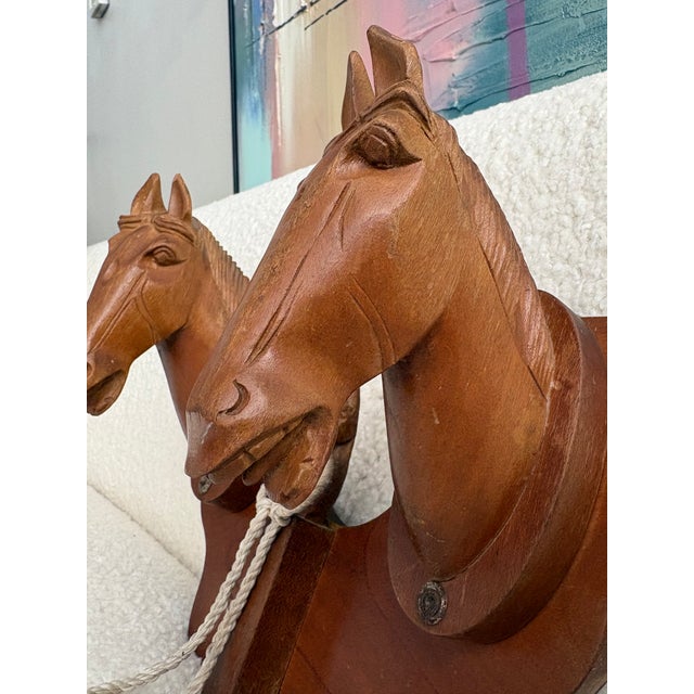 Mid-Century Modern Vintage Hand-Carved Wooden Double Horse Head Wall Rack For Sale - Image 3 of 10