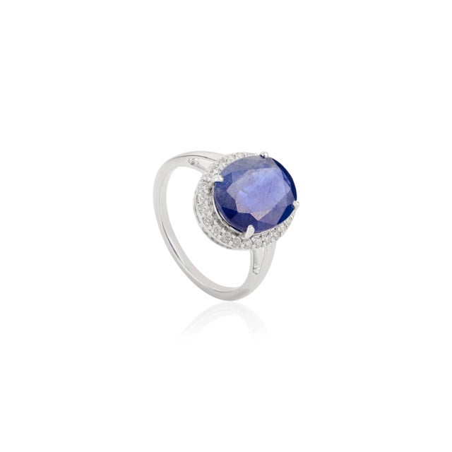 Contemporary 5.47 Carat Blue Sapphire 14k White Gold Halo Diamond Wedding Ring Size 5 For Sale - Image 3 of 12