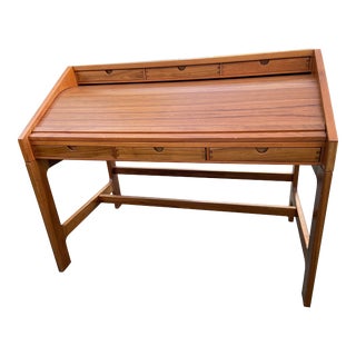 Vintage Modern Teak Leather Inlay Roll Top Desk For Sale
