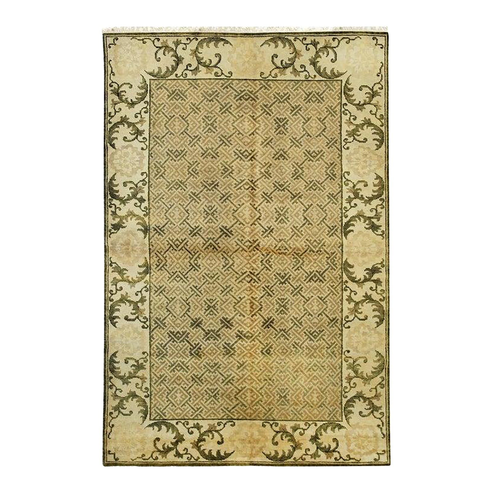 9x12 Green Hand-Knotted Wool Scrolled Leaf Border Geometric Modern ...
