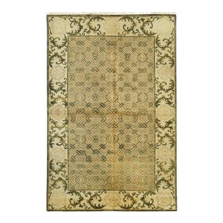 9x12 Green Hand-Knotted Wool Scrolled Leaf Border Geometric Modern Carpet Rug For Sale