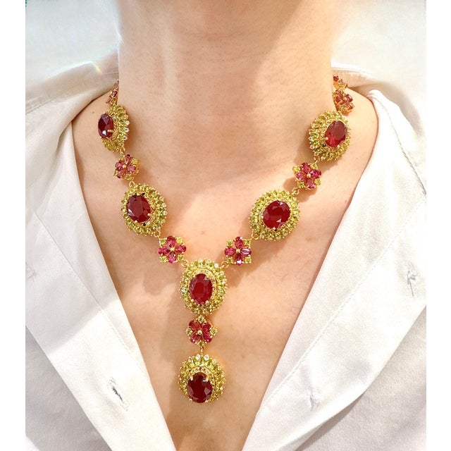 Gemstone Bochic “Capri” Vintage Ruby & Yellow Sapphire Necklace - 18K & Silver For Sale - Image 7 of 9