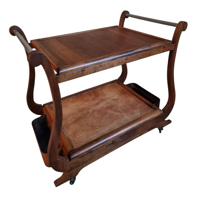 Mid-Century French Walnut Serving Trolley with Casters, 1950s For Sale