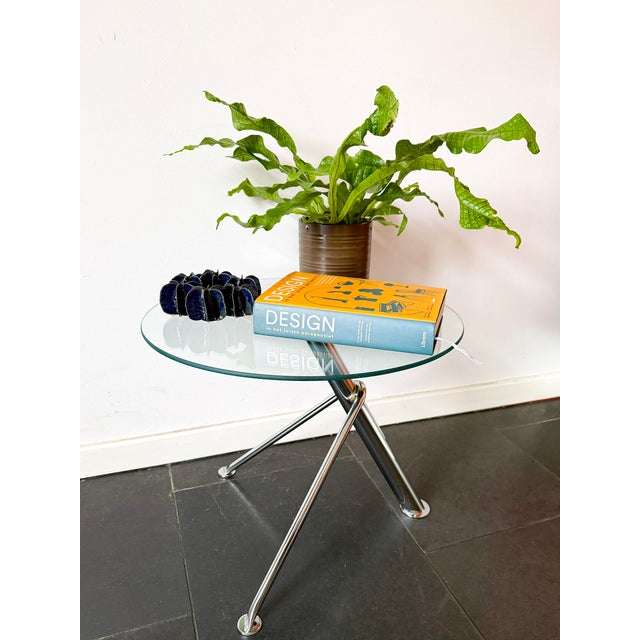 Vintage Modern Minimalist Round Glass Side Table with Sculptural Chrome Base, 1990s For Sale - Image 6 of 15