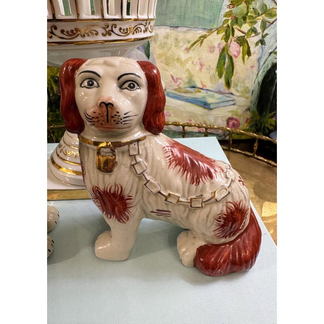 Charming Pair of Vintage Staffordshire Style Spaniels With Gilt Chain Collars and Parted Legs, Red & Cream Porcelain Dogs For Sale - Image 14 of 17