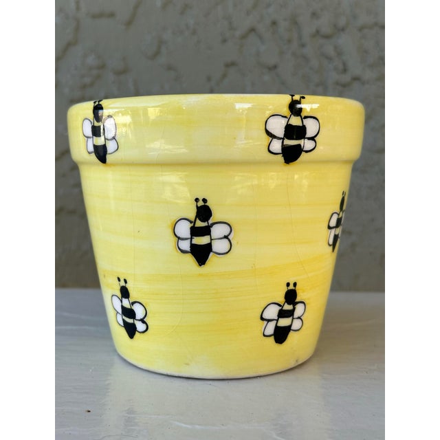 Illustration Vintage Mid 20th Century Yellow Hand Painted Bees Ceramic Flower Pot For Sale - Image 3 of 12