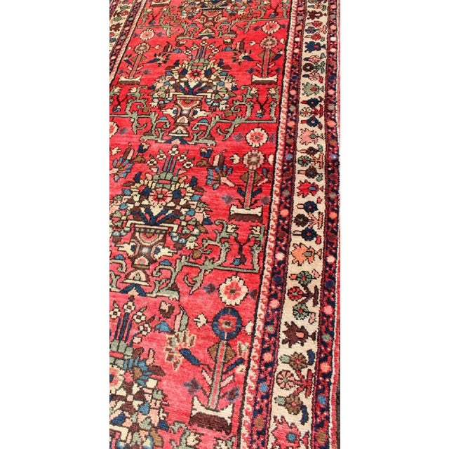 Red Very Long Semi Vintage Persian Runner in Red Field and Green and Ivory Borders. 3′5″ × 16′8″ For Sale - Image 8 of 13
