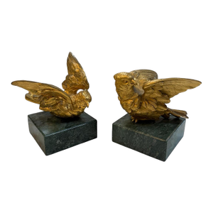Pair of 1970s Gilded Bronze Bird Sculpture on Marble Base