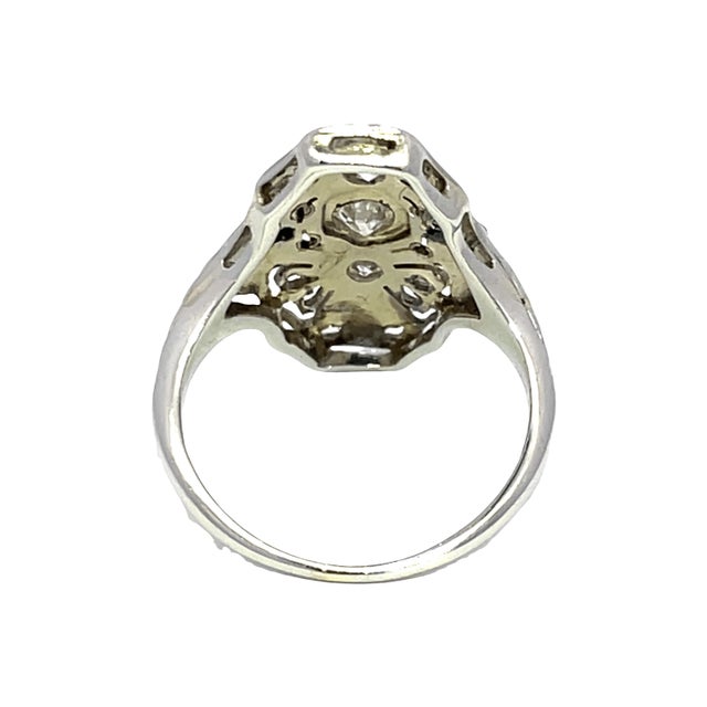 Mid 20th Century Art Deco 18k White Gold Filigree Ring With Old Cut Diamonds & Blue Sapphires, Size 5.25 For Sale In New York - Image 6 of 9