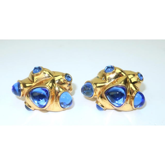 Antigona Paris Gold Plated Sculptural Earrings With Blue Cabochons, a Pair For Sale In Atlanta - Image 6 of 12