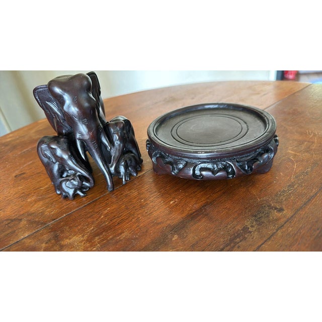 Vintage Hand Carved Elephant Family MCM Dark Wood on Pedastal For Sale - Image 11 of 11