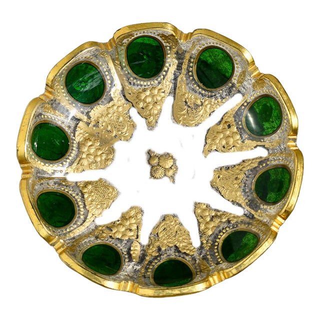 Vintage Set of Four Bohemian Moser Style Glass Small Plates in an Emerald & Gold For Sale