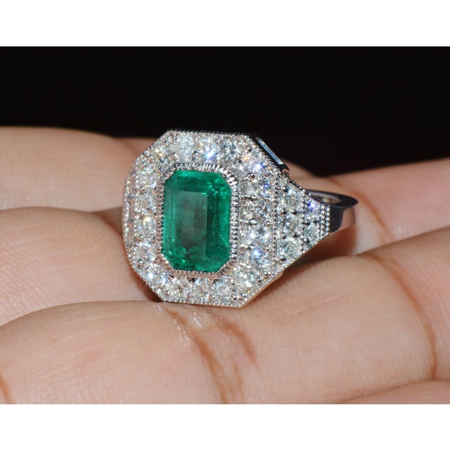 Gia Certified 3.98ct Natural Zambian Emerald & Diamond Tiered Halo Milgrain 18k White Gold Ring, Size 6.5 For Sale - Image 12 of 16