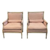 1950s Pair of Carved & Giltwood Bergeres With Striped Upholstery For Sale