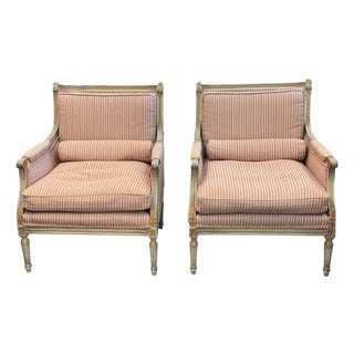 1950s Pair of Carved & Giltwood Bergeres With Striped Upholstery For Sale