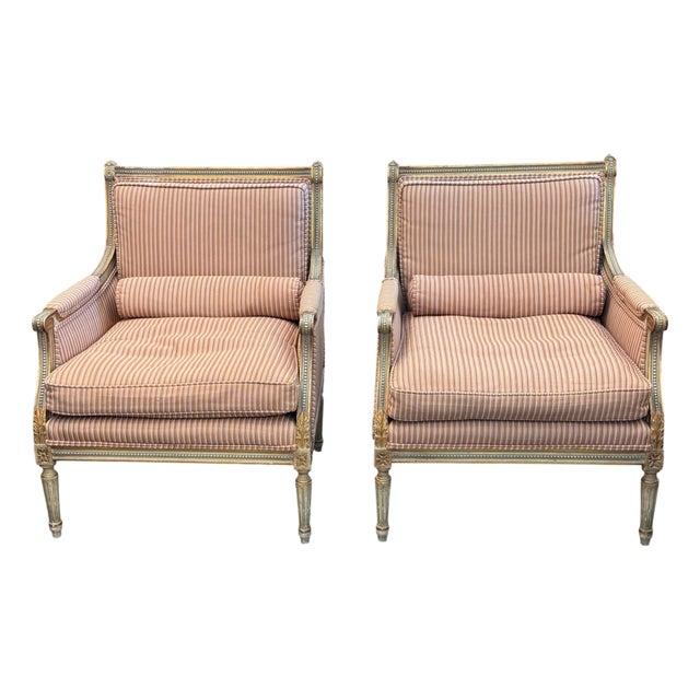 1950s Pair of Carved & Giltwood Bergeres With Striped Upholstery For Sale