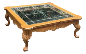 Vintage Georgian Rustic Pine Leaded Glass Top Carved Coffee Table
