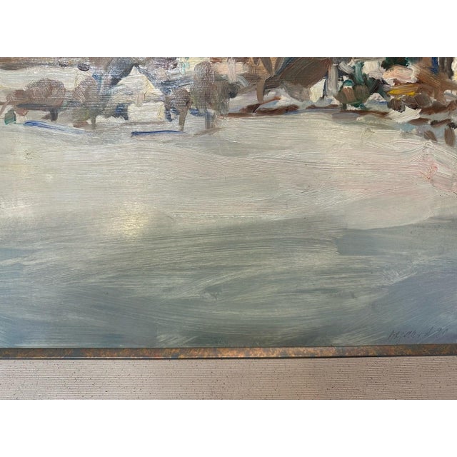 Unknown, Winter Landscape Village Snow, 1994, Oil on Cardboard For Sale - Image 11 of 13