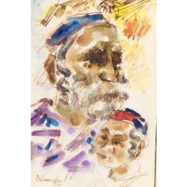 1970s 1970s Large Chaim Gross Original Watercolor Rabbi Man W/ Family Judaica Painting Art For Sale - Image 5 of 5