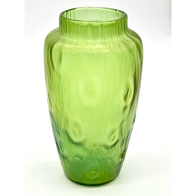 Art Nouveau Antique Loetz Creta Rustican Green Nouveau Art Iridescent Vase - Austrian - Pinched Dimples For Sale - Image 3 of 7
