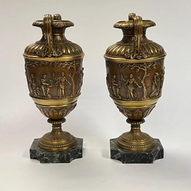 Antique Roman Neoclassical Patinated Bronze Vases - A Pair For Sale - Image 4 of 12