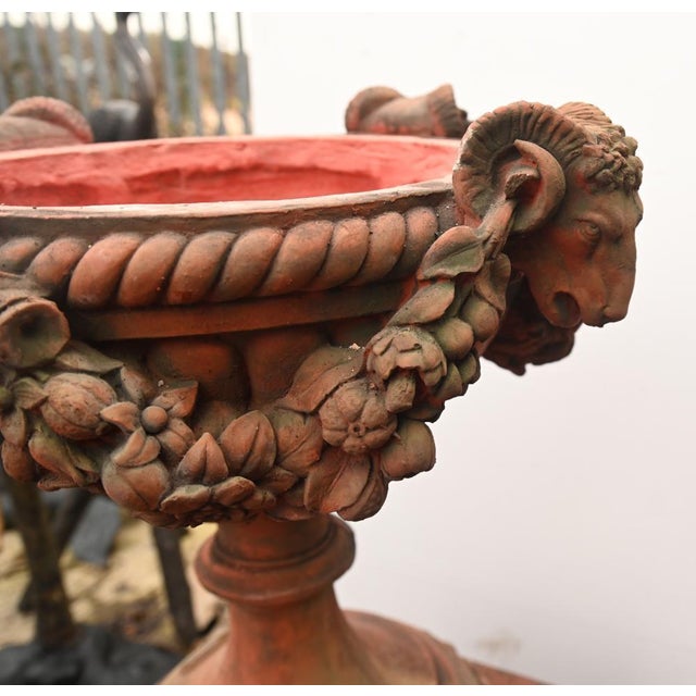 Ceramic English Country Terracotta Garden Urns with Rams Heads, Set of 2 For Sale - Image 7 of 13