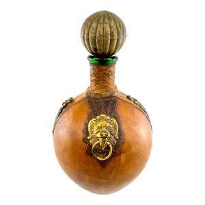 1960s Italian Leather Wrapped Decanter With Lion Head Brass Medallion