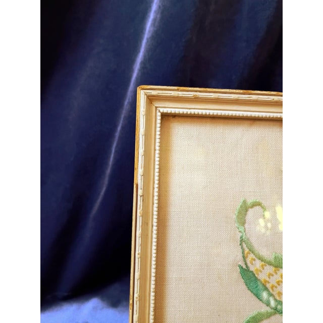 Vintage 1970s Framed Jacobean Crewel Embroidery Wall Art, Hand Stitched Wool on Linen Floral Needlework, Distressed Cream Shabby Chic Frame For Sale - Image 4 of 7