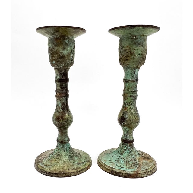 Verdigris Pair of Vintage Verdigris Patinated Brass Candlesticks With Foliate Motifs – Rustic European / Old World For Sale - Image 8 of 9