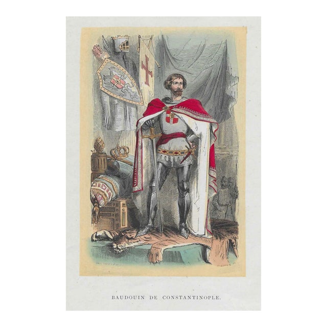 Antique Emperor Baldwin I Handcolored Engraving For Sale