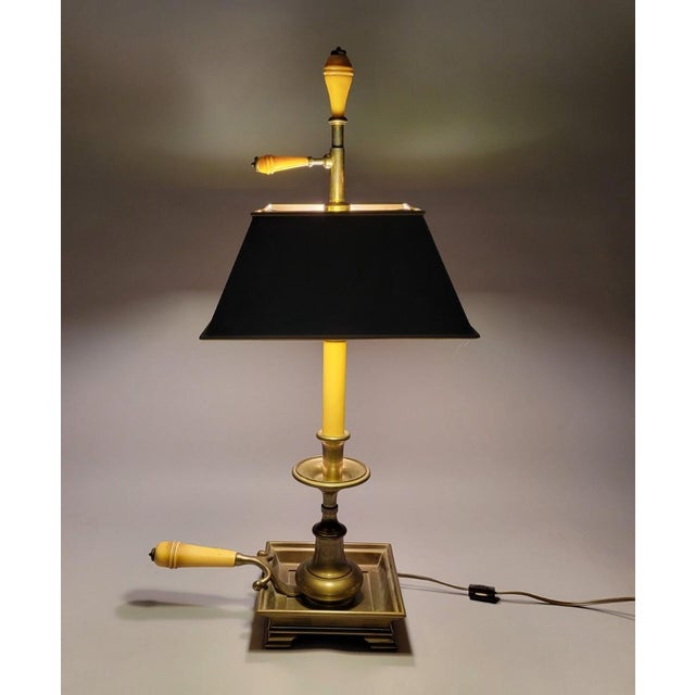 Campaign Vintage Chapman Brass Bouillotte Lamp With Black Tole Shade For Sale - Image 3 of 8