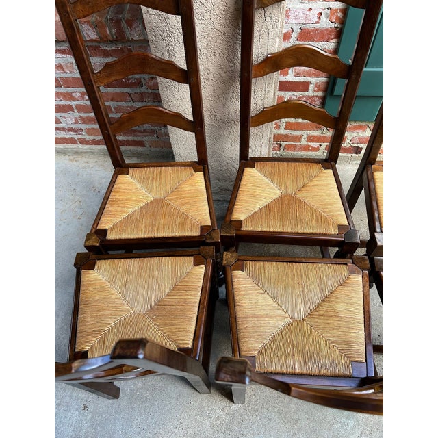 Vintage French Dining Chairs Set 6 Oak Barley Twist Rush Seat Ladder Back For Sale - Image 15 of 18