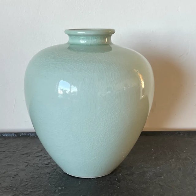 Mid 20th Century Mid-Century Asian Porcelain Vase in Celadon Glaze With Crazing, Signed For Sale - Image 5 of 5