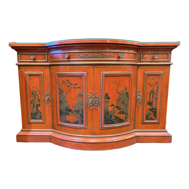 Late 20th Century Karges Red Lacquer Chinoiserie Console Cabinet in the Dorothy Draper Style For Sale