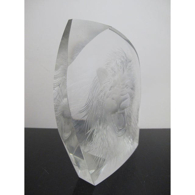African Lubos Metelak Moser Clear Cut Czech Art Glass Intaglio Lion Head Sculpture For Sale - Image 3 of 11