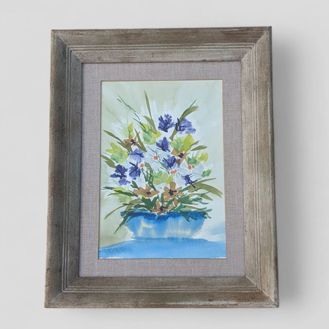 Vintage Original Still Life Flowers in a Blue Vase Botanical Watercolor Painting Signed For Sale - Image 11 of 12